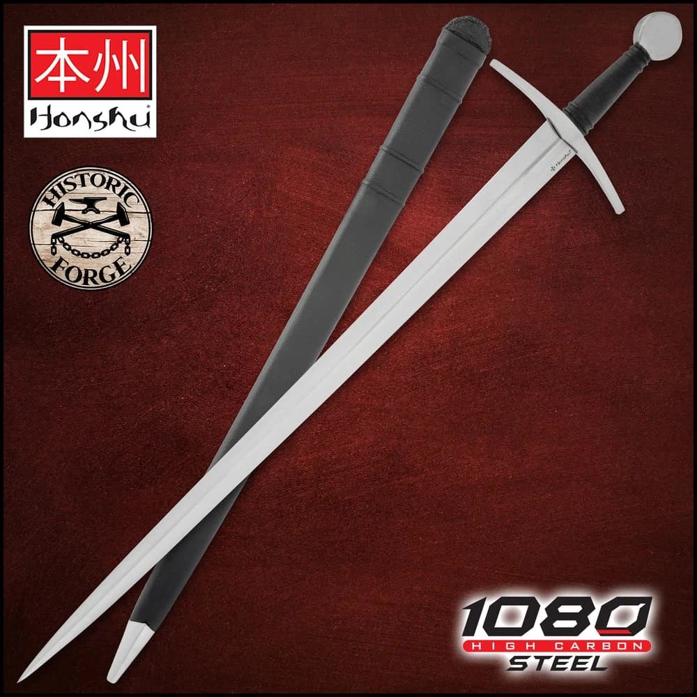 Honshu Historic Forge 15th Century Arming Sword, Oakeshott Type XV design made from 1080 high carbon steel with 38" overall length. Ideal for collectors and medieval décor.