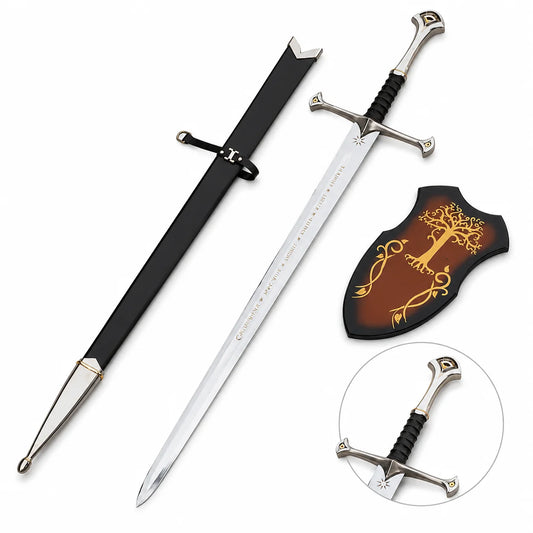 Anduril Narsil LOTR decorative display sword collectible featuring a silver engraved blade and black grip for collector showcases.
