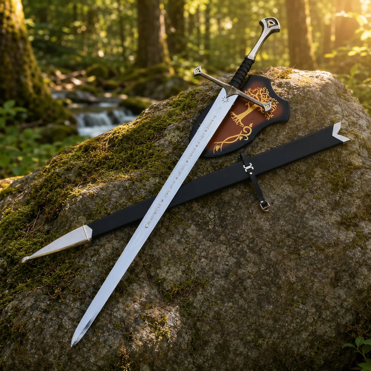 Anduril Narsil LOTR decorative display sword collectible featuring a silver engraved blade and black grip for collector showcases.