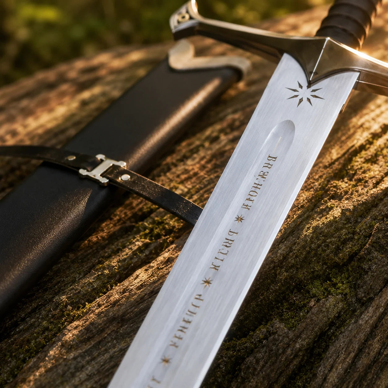 Anduril Narsil LOTR decorative display sword collectible featuring a silver engraved blade and black grip for collector showcases.