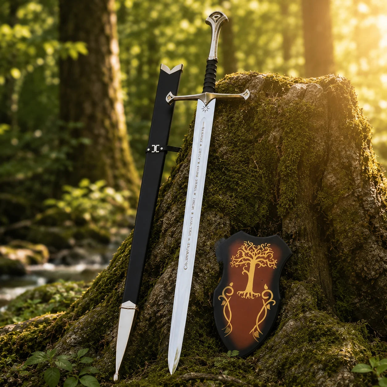 Anduril Narsil LOTR decorative display sword collectible featuring a silver engraved blade and black grip for collector showcases.