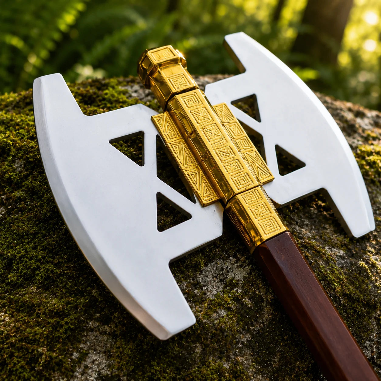 Battle Axe of Gimli LOTR display replica with metallic axe head, brown handle styling, fantasy detailing, and collectible Lord of the Rings decor presentation