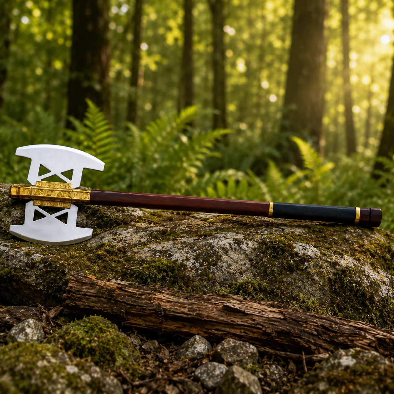 Battle Axe of Gimli LOTR display replica with metallic axe head, brown handle styling, fantasy detailing, and collectible Lord of the Rings decor presentation