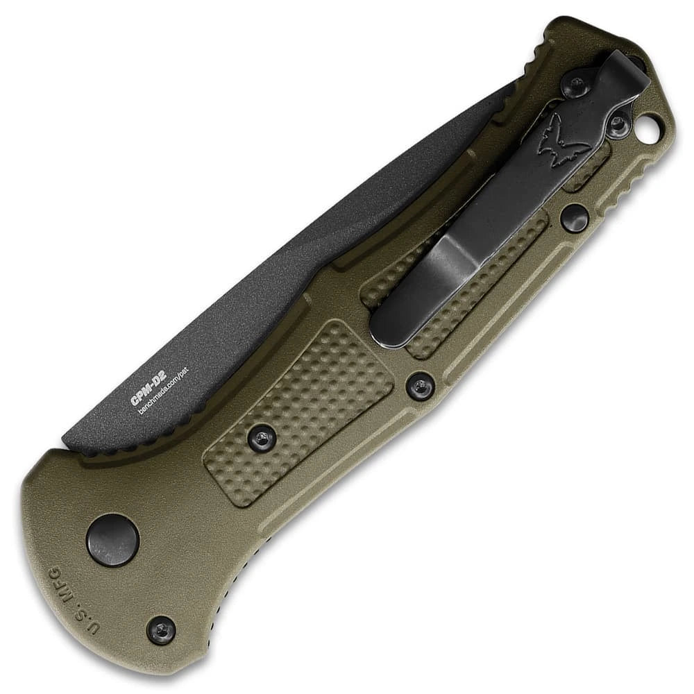 Push-button mechanism with safety Benchmade Claymore