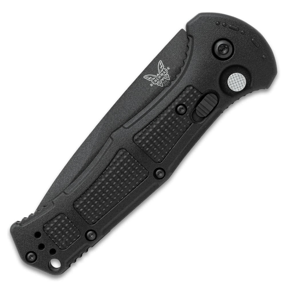 Push-button mechanism with safety Benchmade Claymore