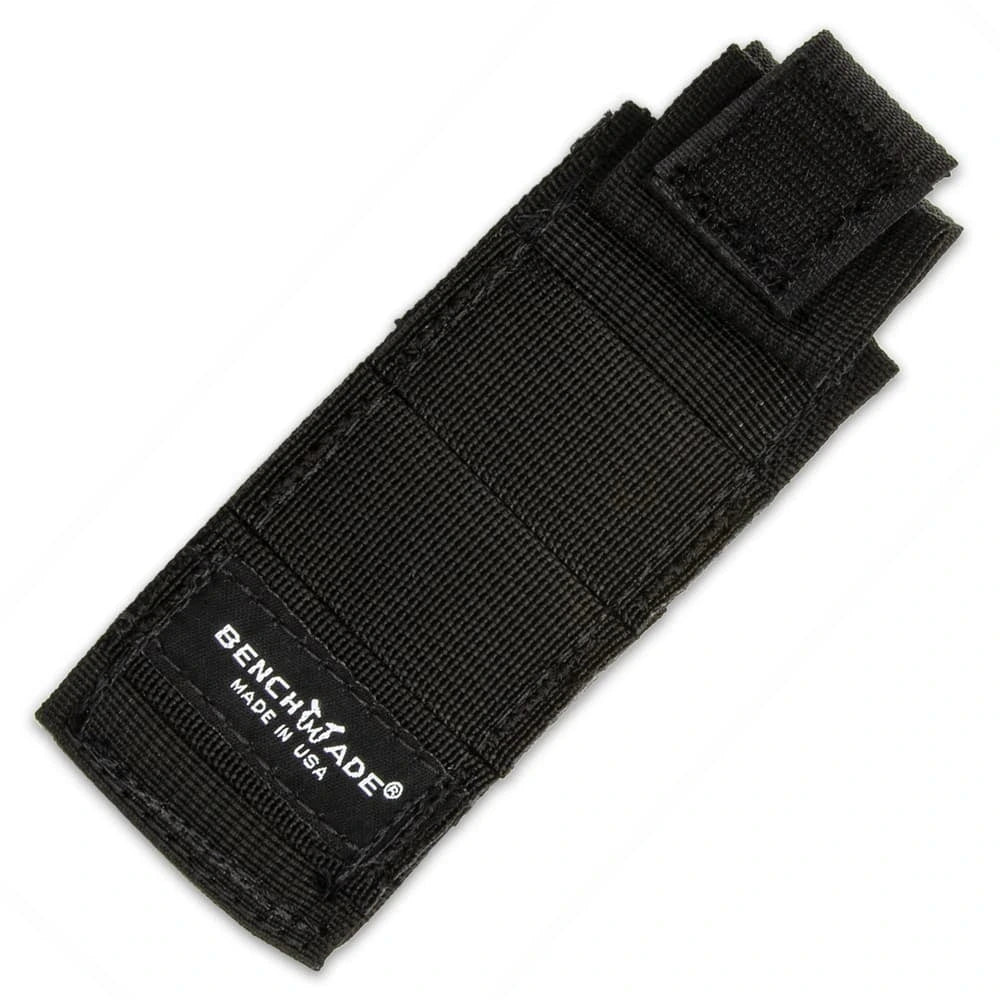 Benchmade Infidel All-Black OTF Knife collector display piece with black handle, silver-tone slider, branded clip, dark finish, and black fabric sheath