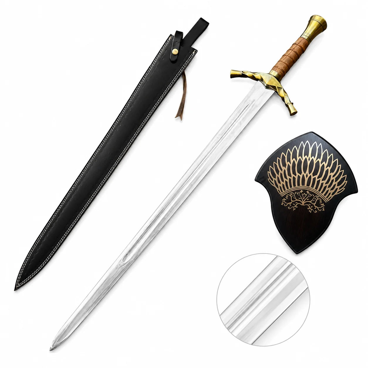 Boromir Sword Lord of the Rings display replica with silver and gold-tone finish, dark handle styling, and fantasy collectible decor presentation
