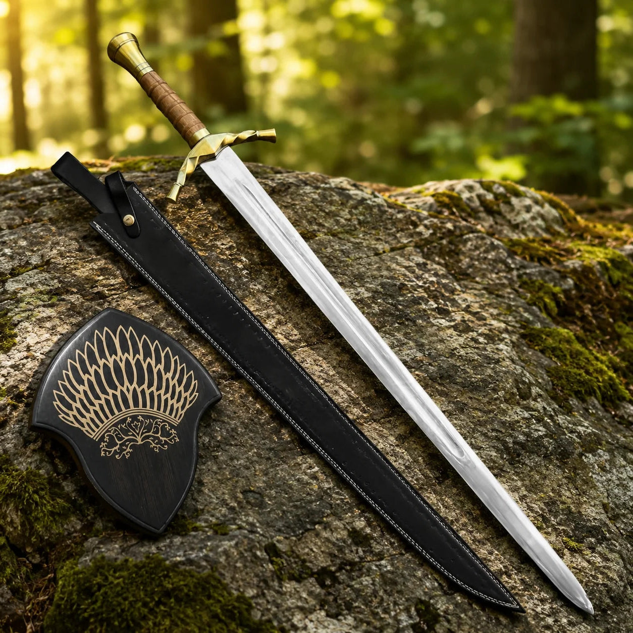 Boromir Sword Lord of the Rings display replica with silver and gold-tone finish, dark handle styling, and fantasy collectible decor presentation