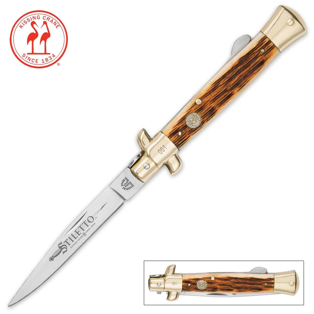 Kissing Crane Amber Bone Stiletto Pocket Knife closed with jigged bone handle and brass bolsters