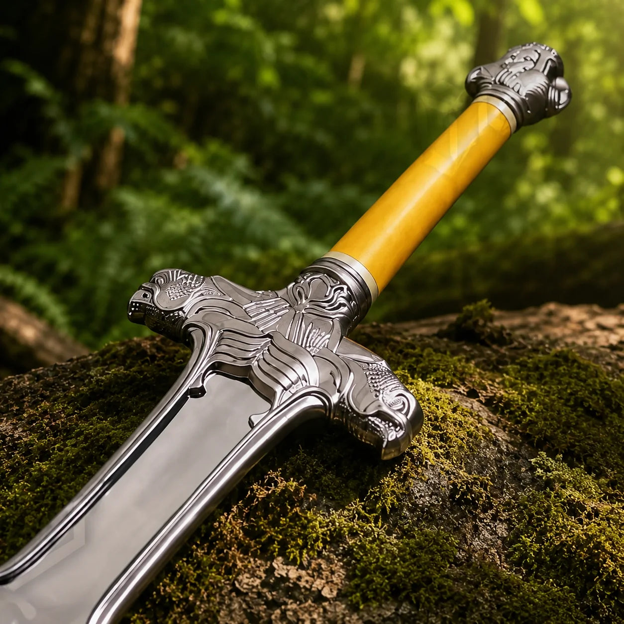 Conan Atlantean Sword Conan display replica collectible with metallic silver and bronze fantasy styling, detailed handle design, decorative display appeal, cosplay prop use, and collector room decor