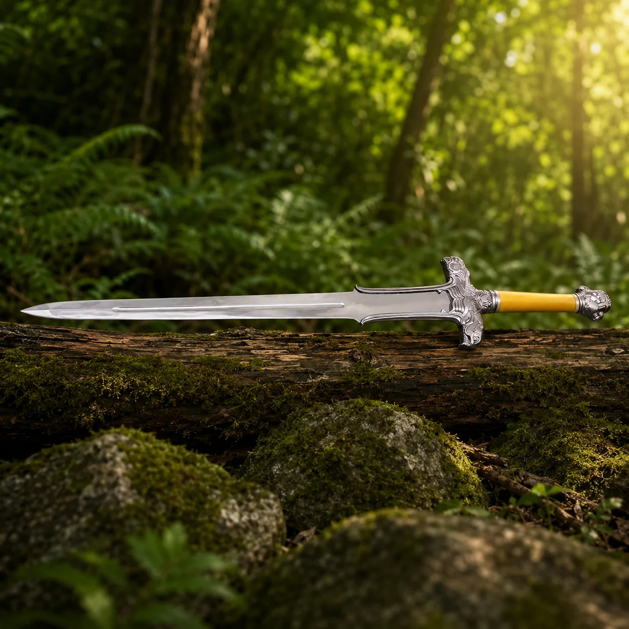Conan Atlantean Sword Conan display replica collectible with metallic silver and bronze fantasy styling, detailed handle design, decorative display appeal, cosplay prop use, and collector room decor