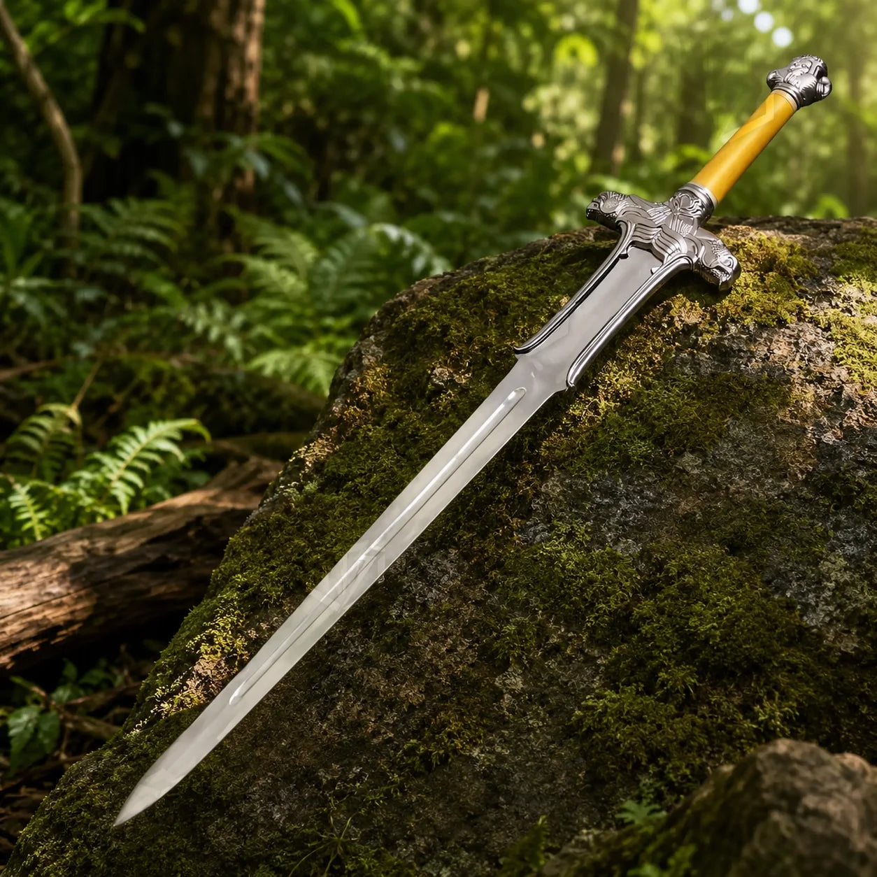 Conan Atlantean Sword Conan display replica collectible with metallic silver and bronze fantasy styling, detailed handle design, decorative display appeal, cosplay prop use, and collector room decor