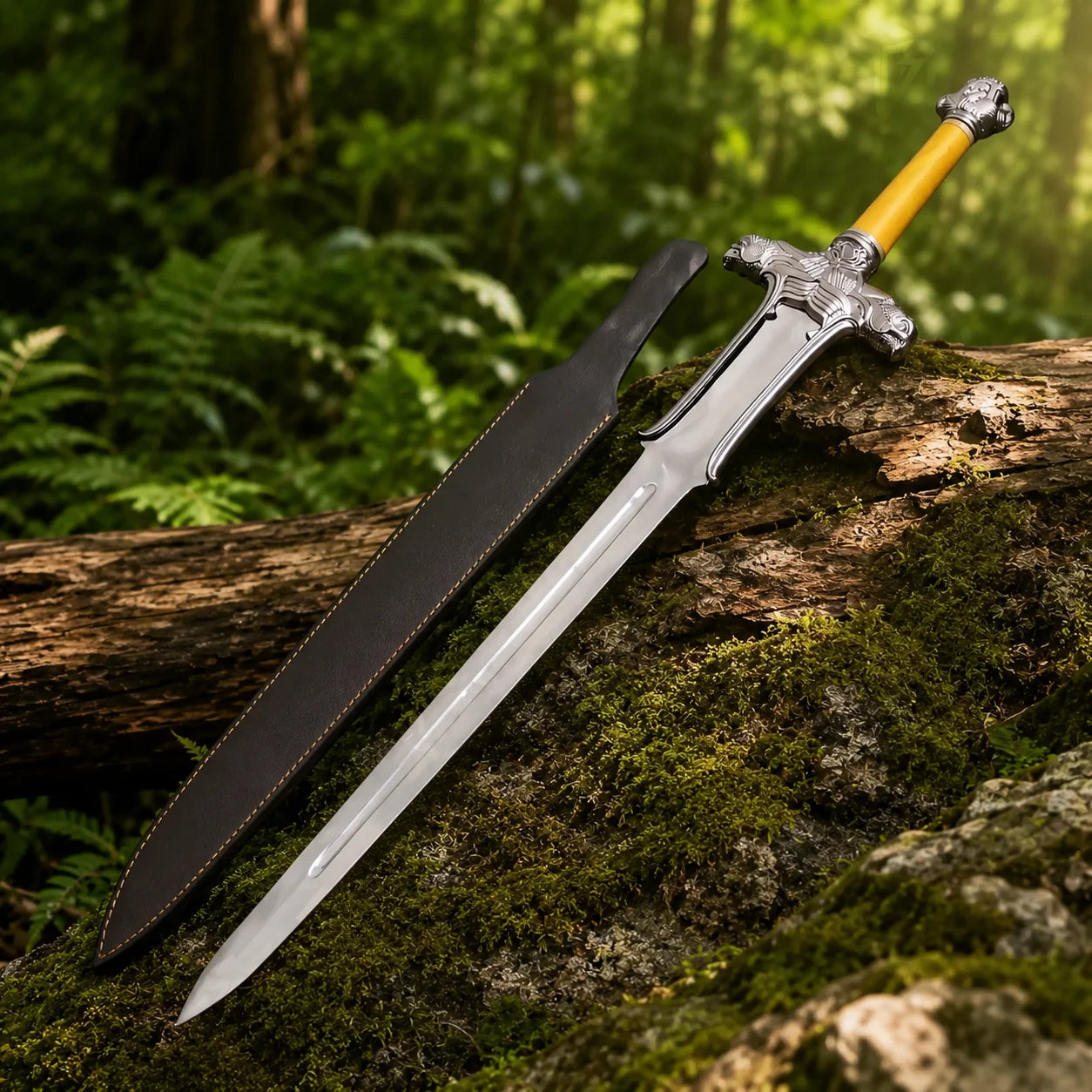 Conan Atlantean Sword Conan display replica collectible with metallic silver and bronze fantasy styling, detailed handle design, decorative display appeal, cosplay prop use, and collector room decor