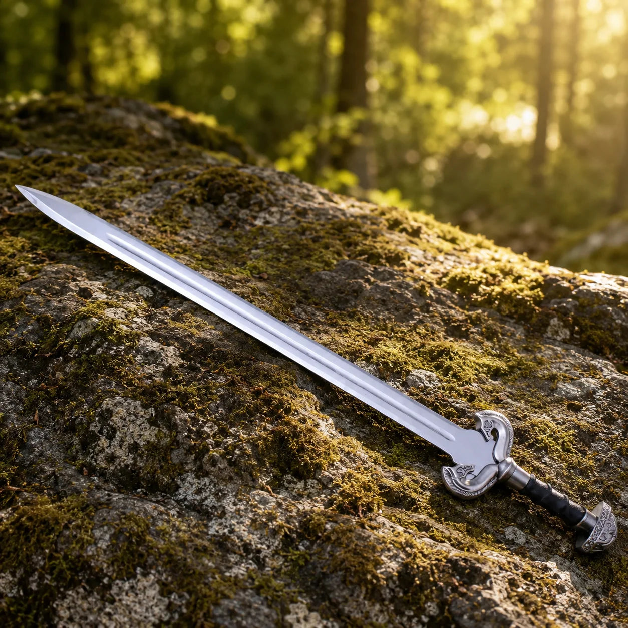 Eowyn Sword Lord of the Rings display replica collectible with silver and gold-tone fantasy styling, dark handle, and collectible Rohan decor presentation