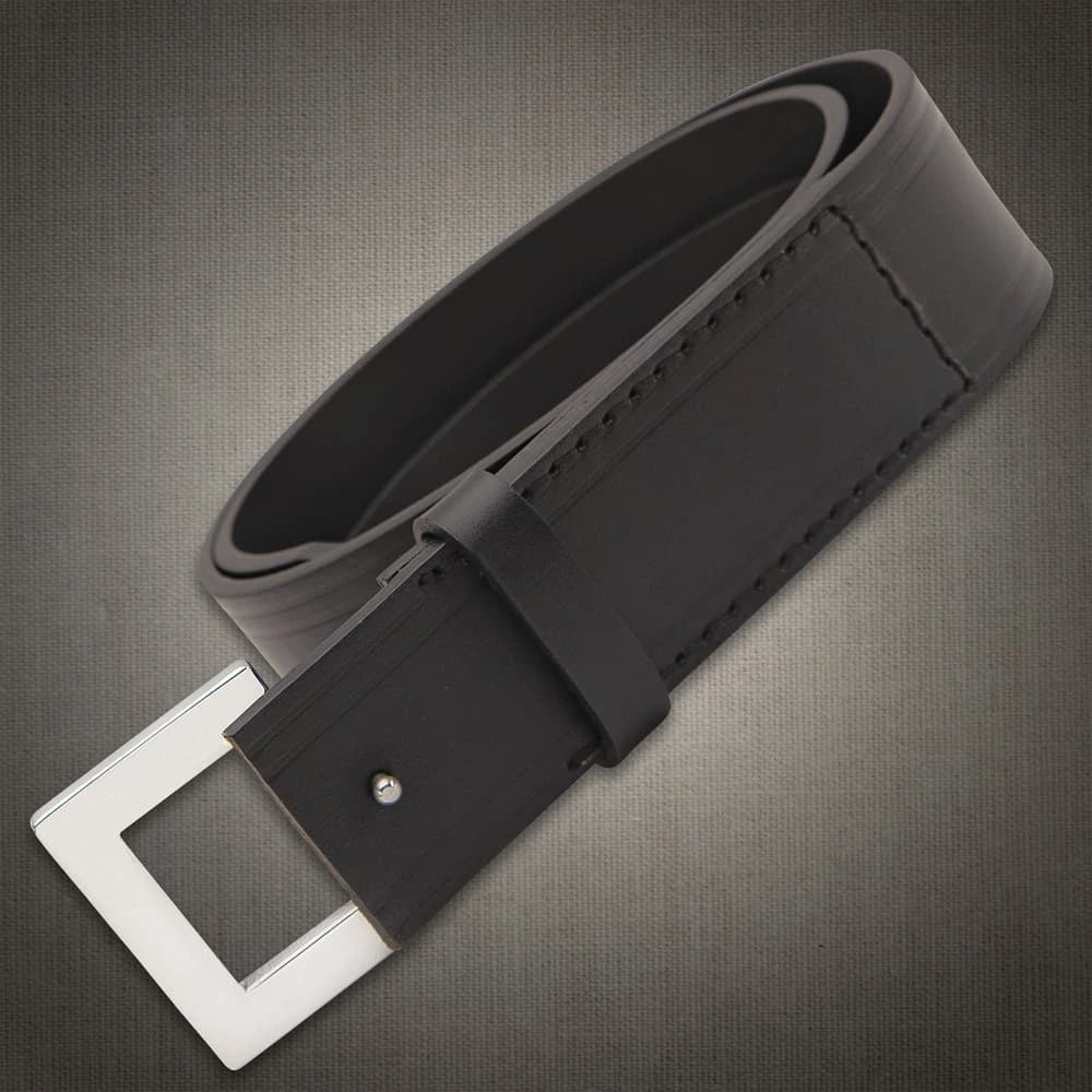 Hidden belt buckle knife open showing 3.25 inch stainless steel blade tucked discreetly
