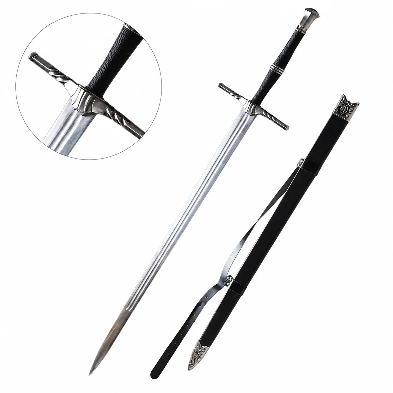 Geralt of Rivia Witcher Steel Sword display replica with silver fantasy styling, black handle details, decorative collector appeal, cosplay prop use, and gamer room decor