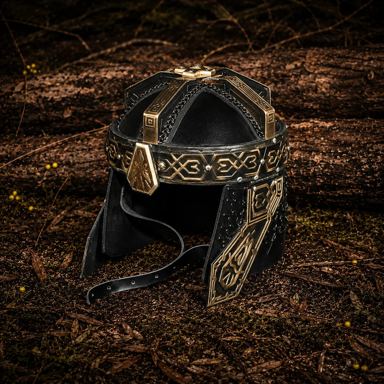Universal Image Alt Text: Gimli Helmet LOTR decorative display replica with antique bronze and gold finish for collector fantasy decor