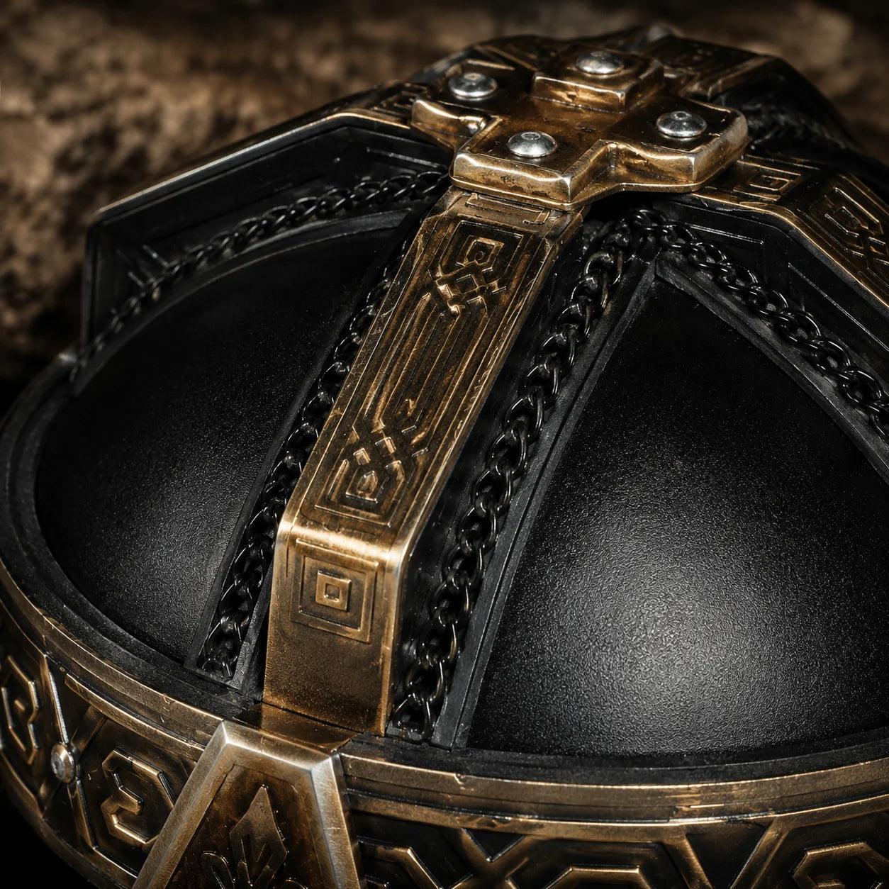 Universal Image Alt Text: Gimli Helmet LOTR decorative display replica with antique bronze and gold finish for collector fantasy decor