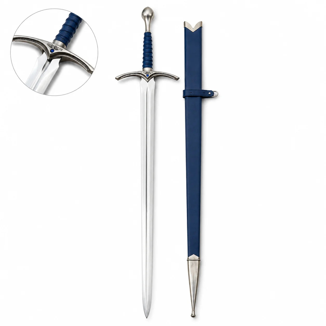 Glamdring LOTR elven decorative display replica with blue ribbed grip and matching blue display sheath with metallic silver trim.