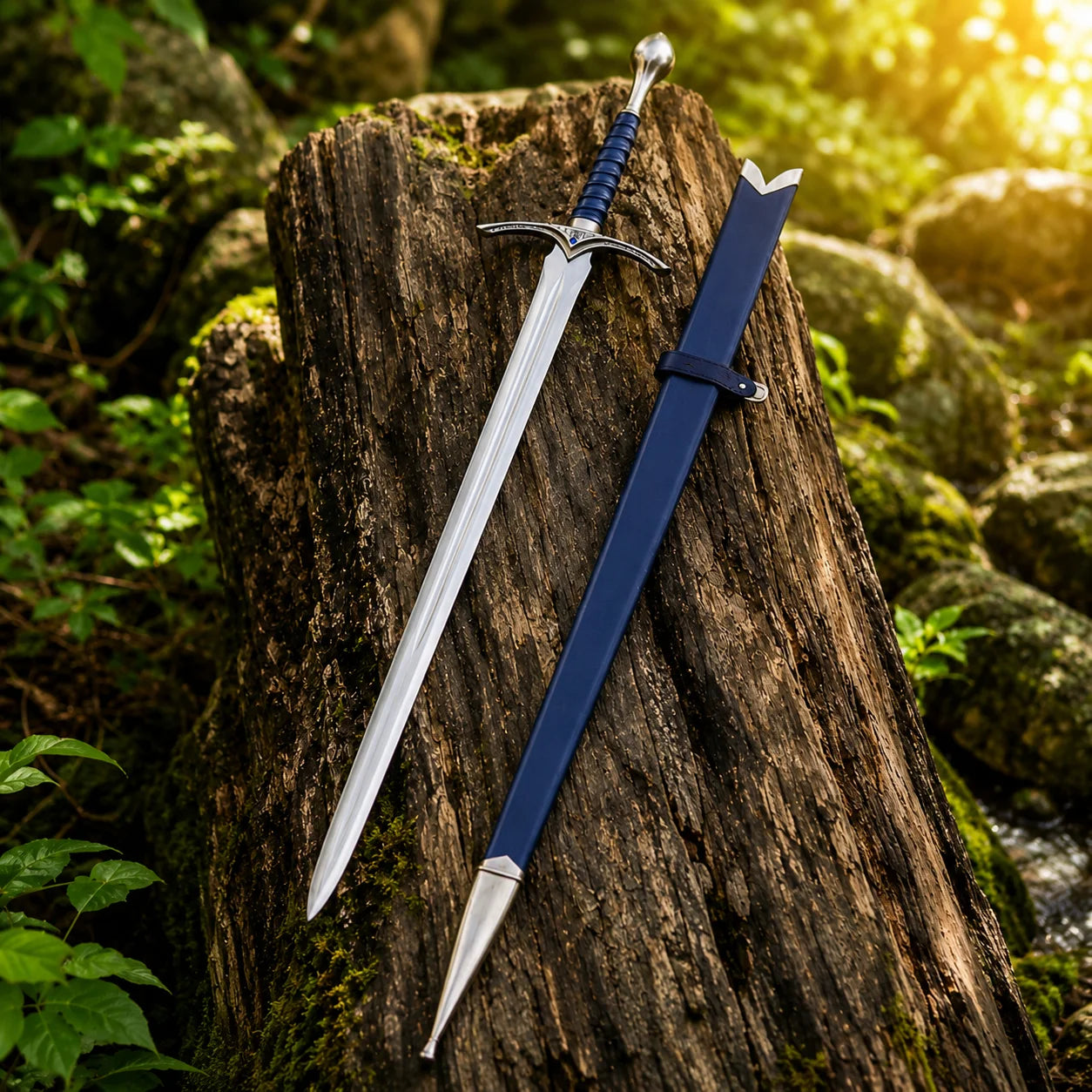 Glamdring LOTR elven decorative display replica with blue ribbed grip and matching blue display sheath with metallic silver trim.