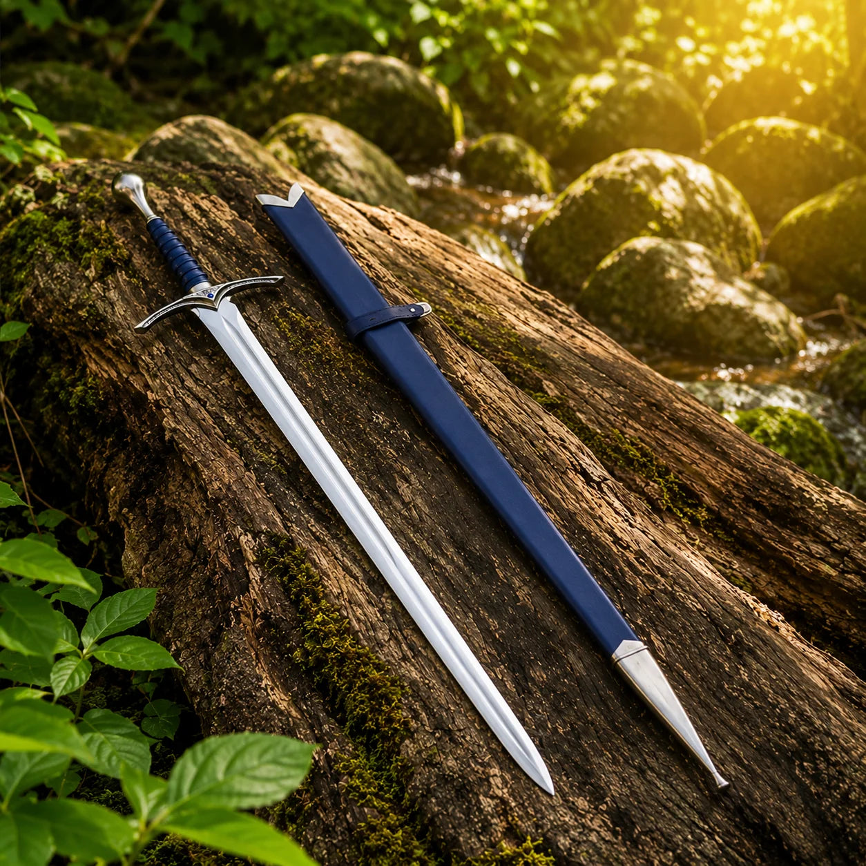 Glamdring LOTR elven decorative display replica with blue ribbed grip and matching blue display sheath with metallic silver trim.