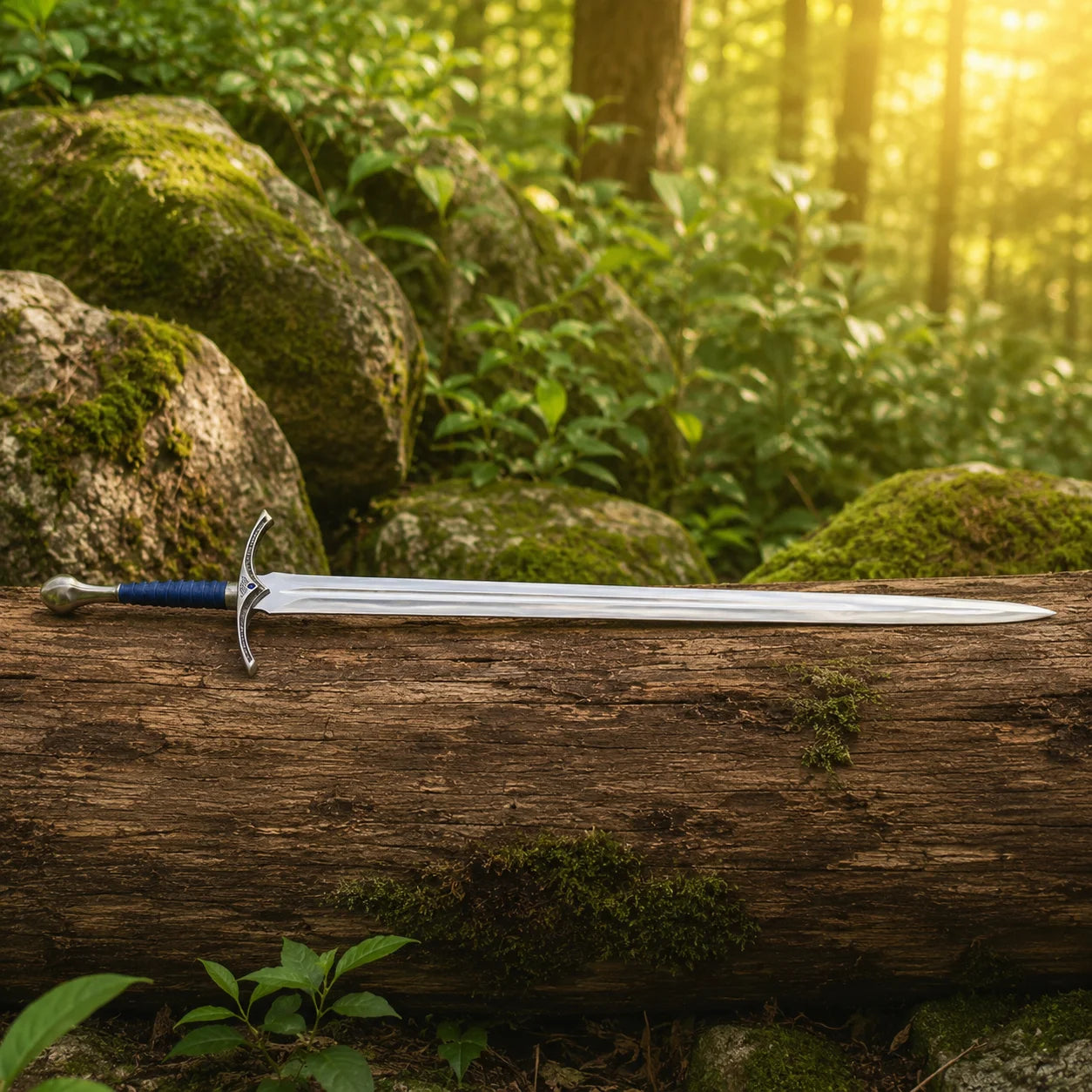 Glamdring LOTR elven decorative display replica with blue ribbed grip and matching blue display sheath with metallic silver trim.