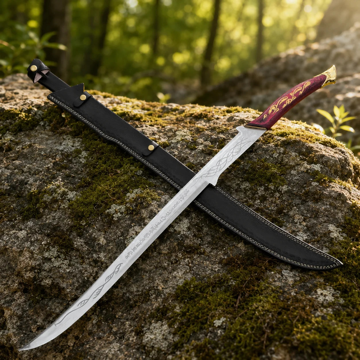 Hadhafang Arwen LOTR display replica collectible featuring a reddish-brown handle with gold elven vines, engraved metallic blade, and black stitched scabbard
