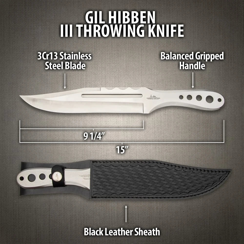 Hibben III throwing knife with 3Cr13 stainless steel and black leather sheath