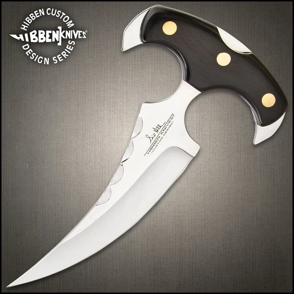 Gil Hibben Vulcan push dagger full view with black pakkawood handle and mirror polished blade
