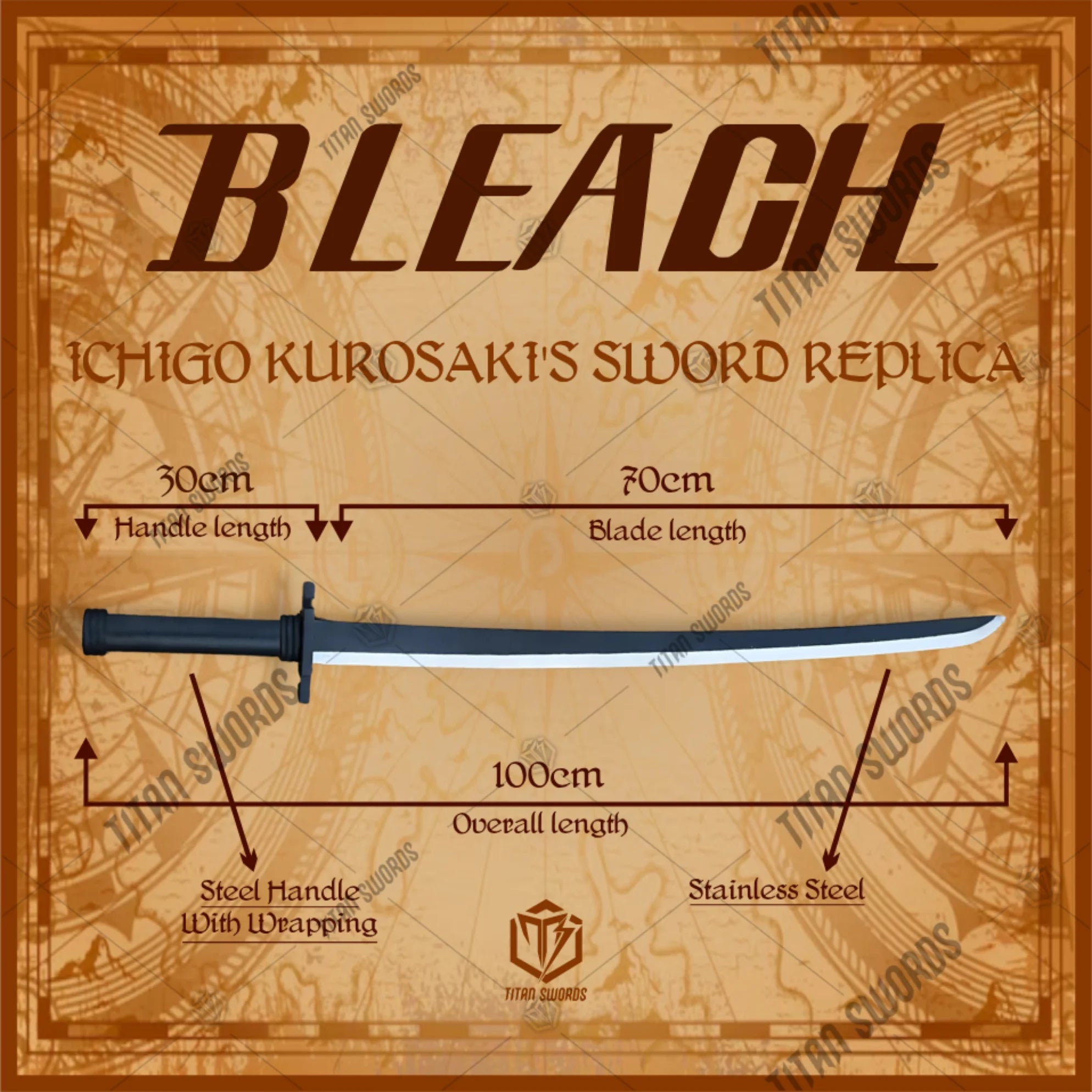 Premium Ichigo Tensa Zangetsu Wooden Sword Replica with black finish.