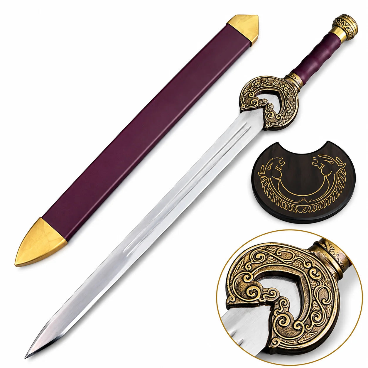 King Theoden Herugrim LOTR decorative display replica sword with plum and brass scabbard on a rustic rock background for collector fantasy decor
