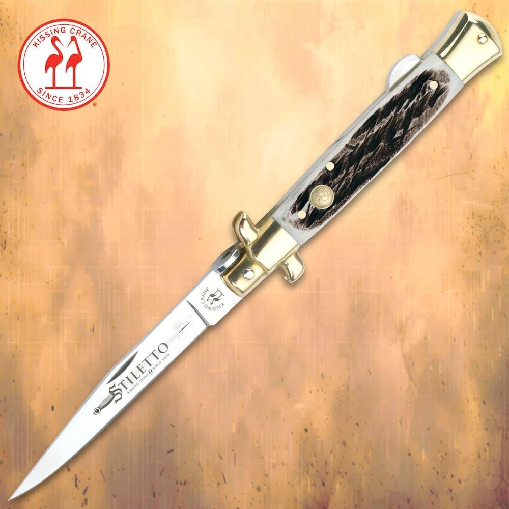 Kissing Crane Burnt Bone Composite Stiletto Pocket Knife 8.75" closed with genuine pearl handle and brass bolsters