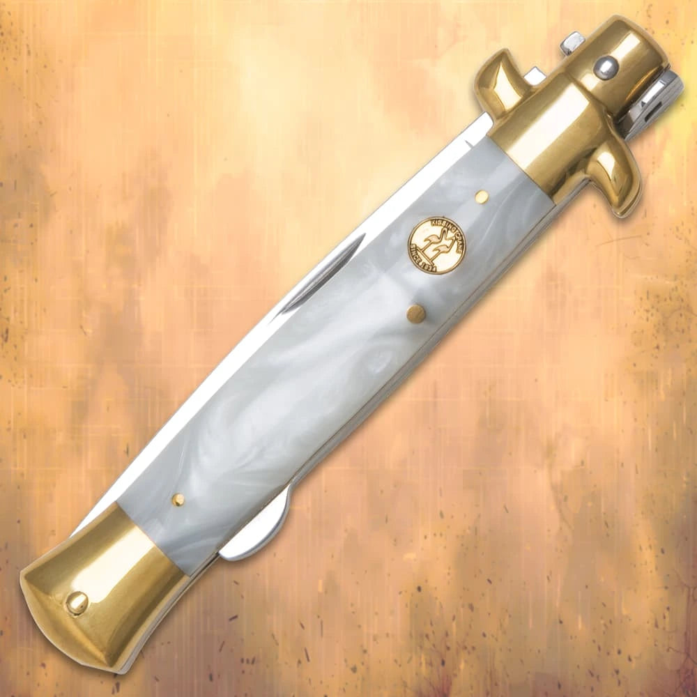 Kissing Crane Mother Of Pearl Stiletto Pocket Knife 8.75" closed with genuine pearl handle and brass bolsters