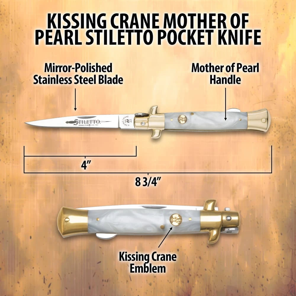 Kissing Crane Mother Of Pearl Stiletto Pocket Knife 8.75" closed with genuine pearl handle and brass bolsters