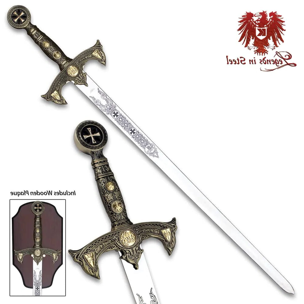 Legends In Steel Knights Templar long sword wall plaque with 36-inch stainless blade for display