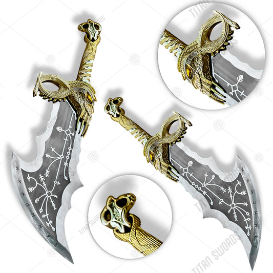 Premium Kratos Gold Spartan Wrath Blades of Chaos Replica GOW with Ebony Plaque