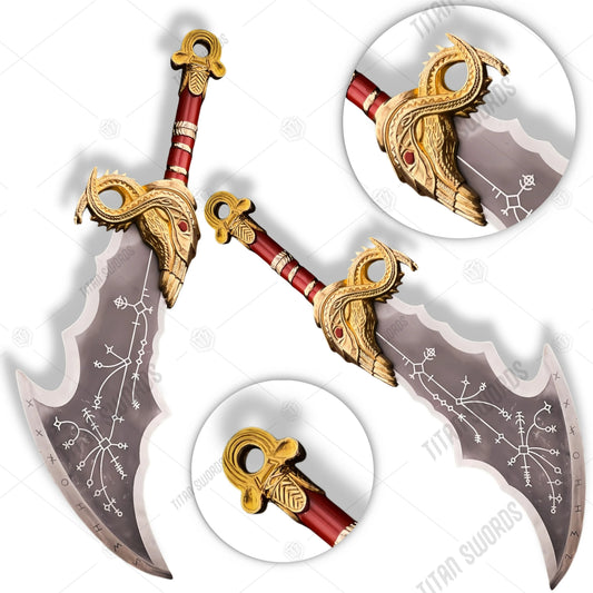 Premium Kratos Crimson Blades of Chaos Replica GOW with Walnut Plaque