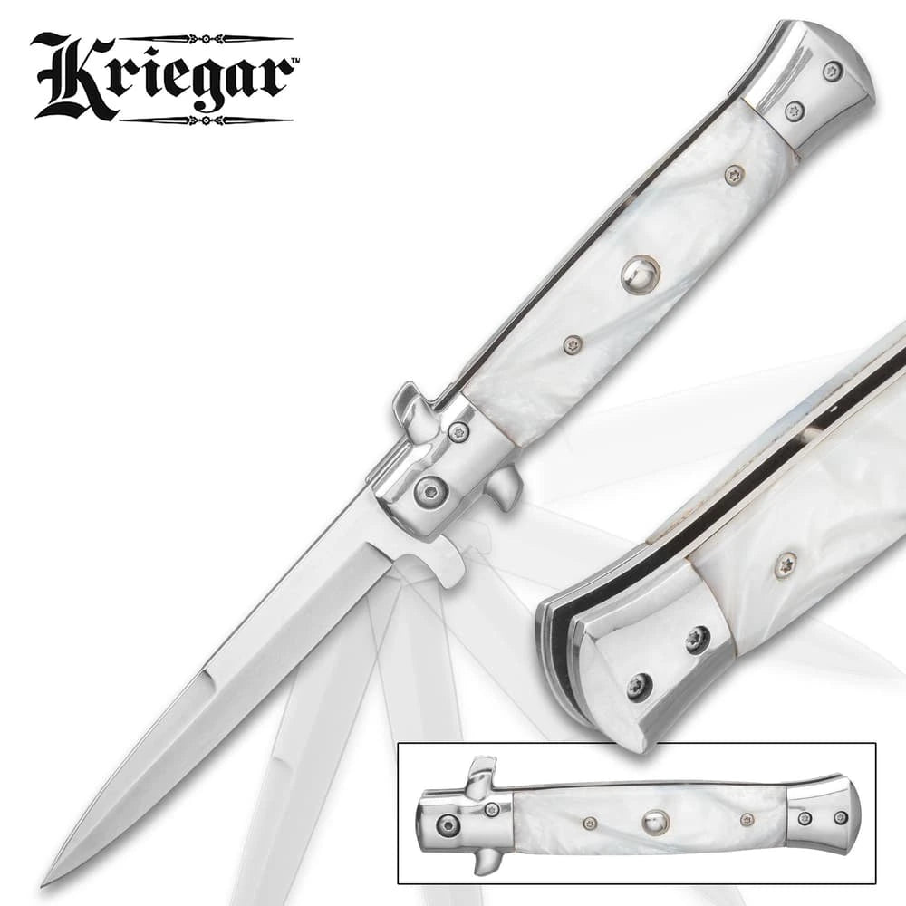 German assisted stiletto pocket knife closed with wooden handle and stainless bolsters