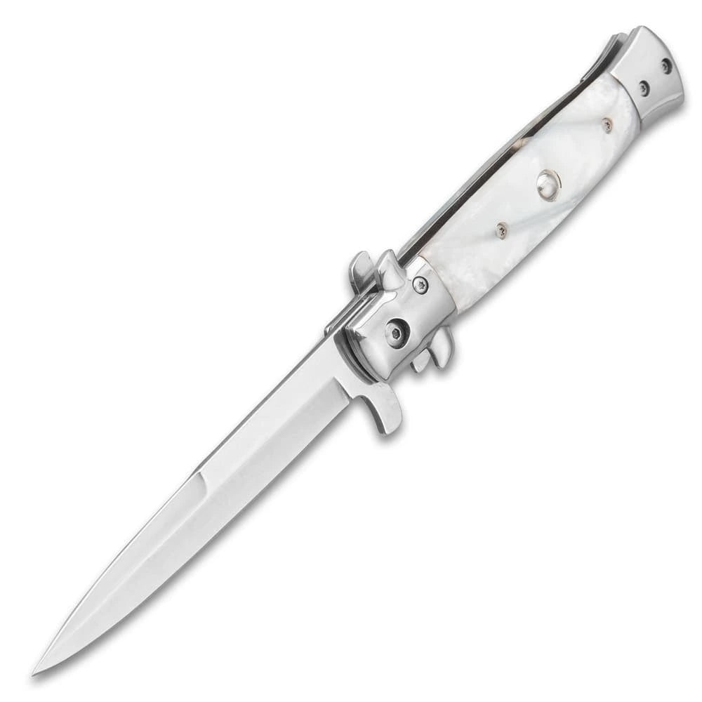 German assisted stiletto pocket knife closed with wooden handle and stainless bolsters