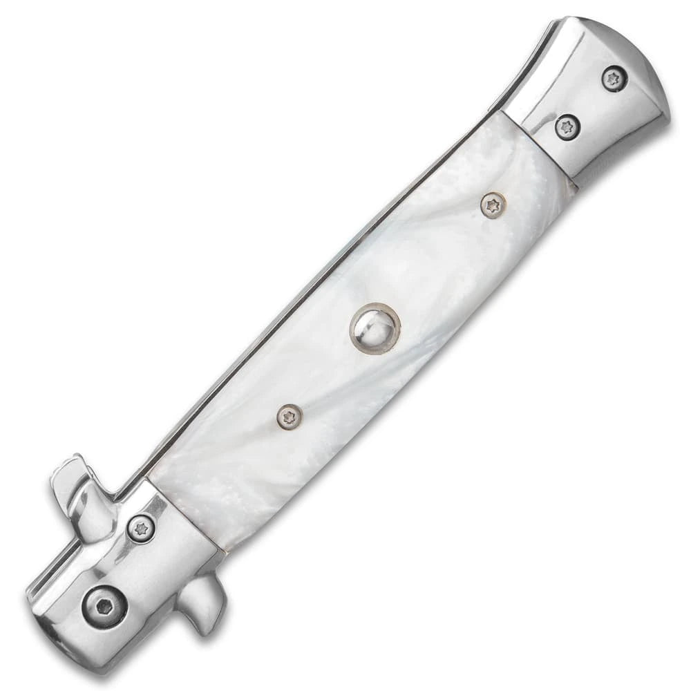 German assisted stiletto pocket knife closed with wooden handle and stainless bolsters
