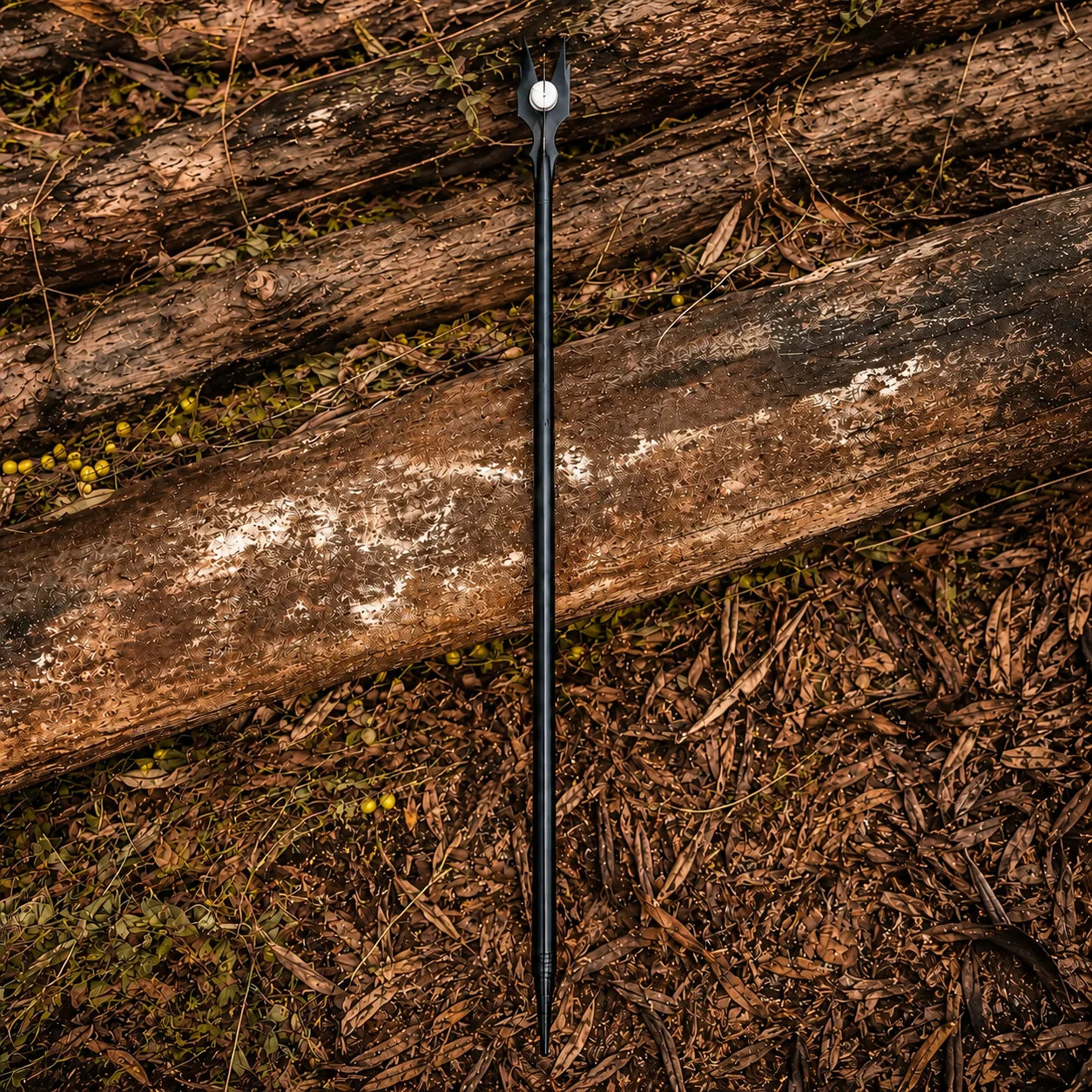 Saruman staff LOTR display replica in sleek black with four-pronged crown and white orb for fantasy collectible decor.