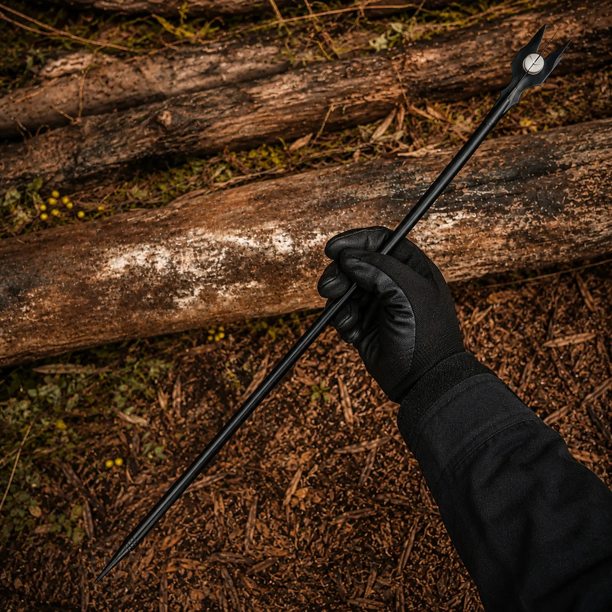 Saruman staff LOTR display replica in sleek black with four-pronged crown and white orb for fantasy collectible decor.