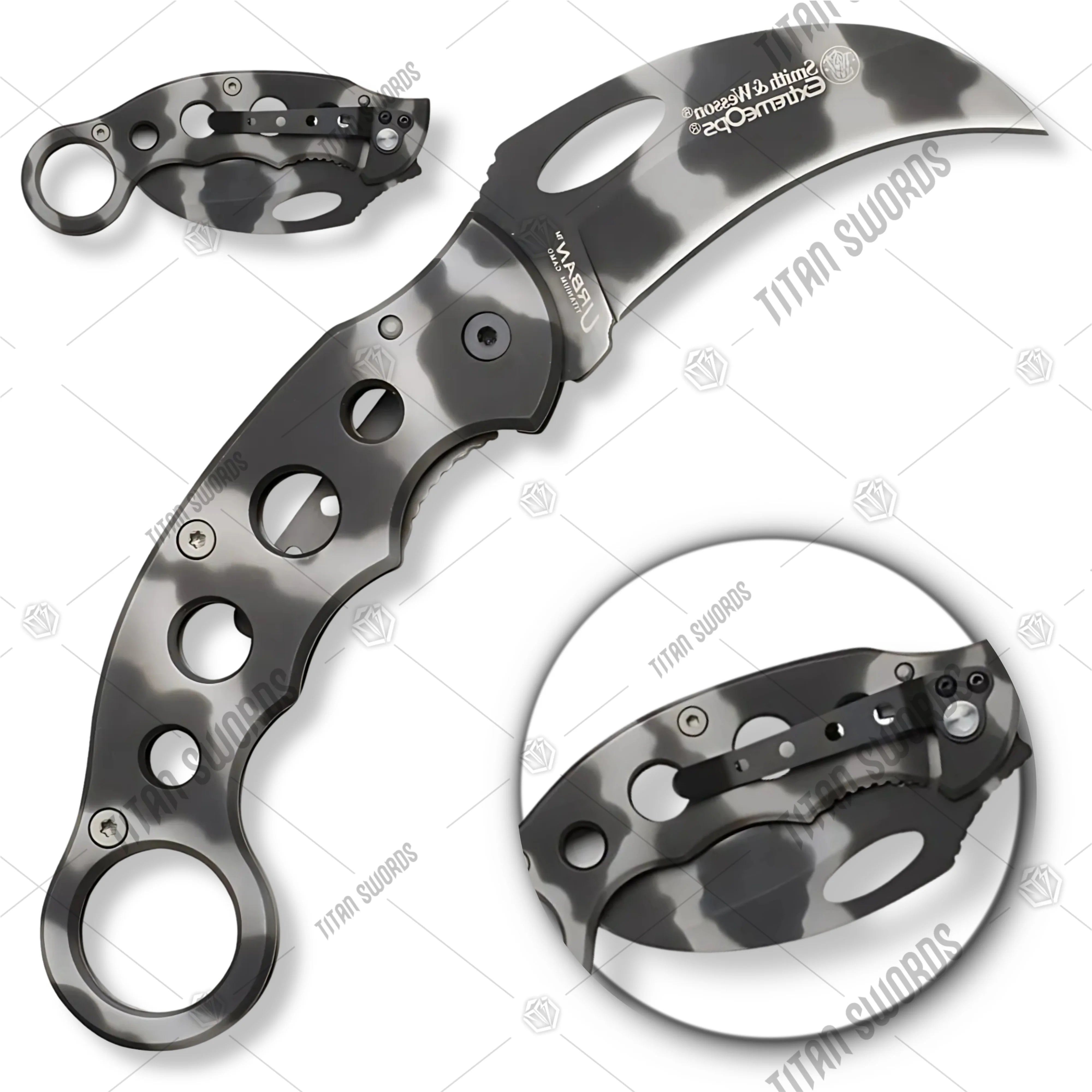 Premium Smith & Wesson Folding Knife Extreme Ops Karambit Camo with stainless steel.