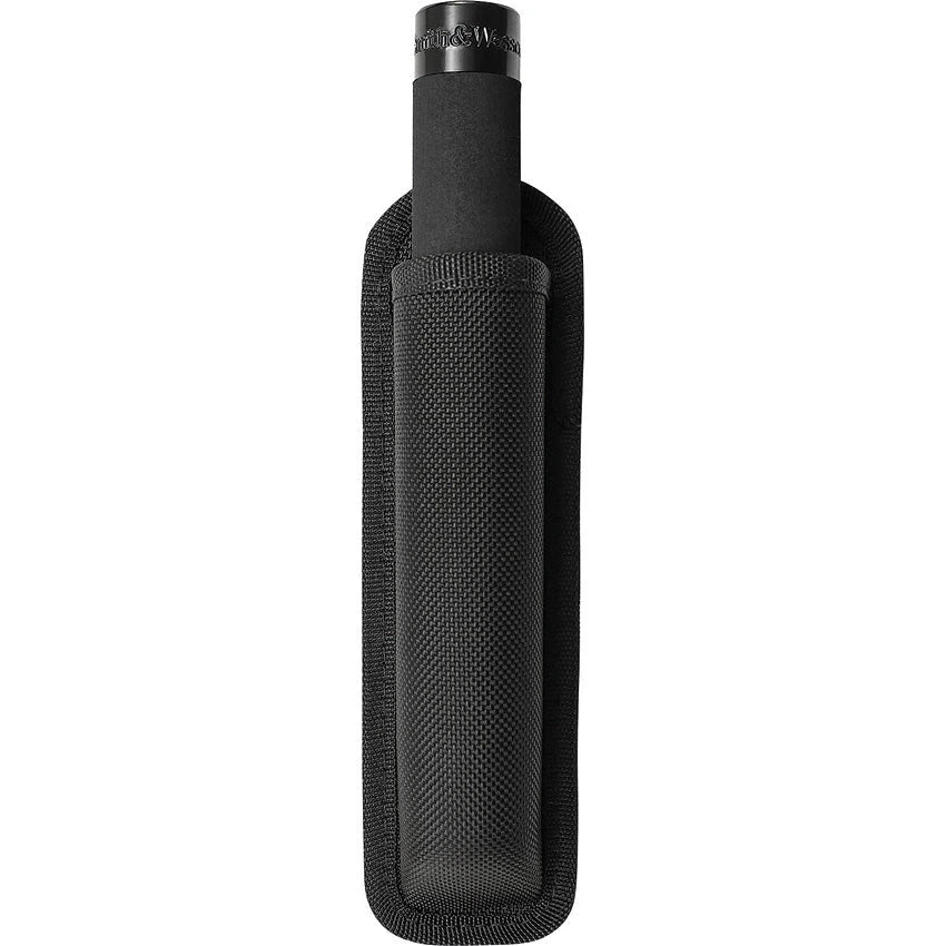 Smith & Wesson collapsible baton with black metal finish, black foam-style grip, and matching black nylon storage pouch for collector display presentation