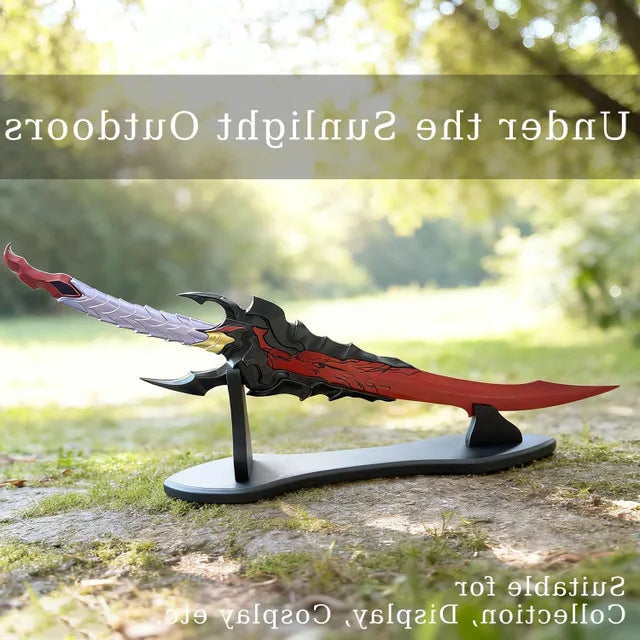 Solo Leveling Abyssal Flame Reaver replica full view with red molten patterns and display stand