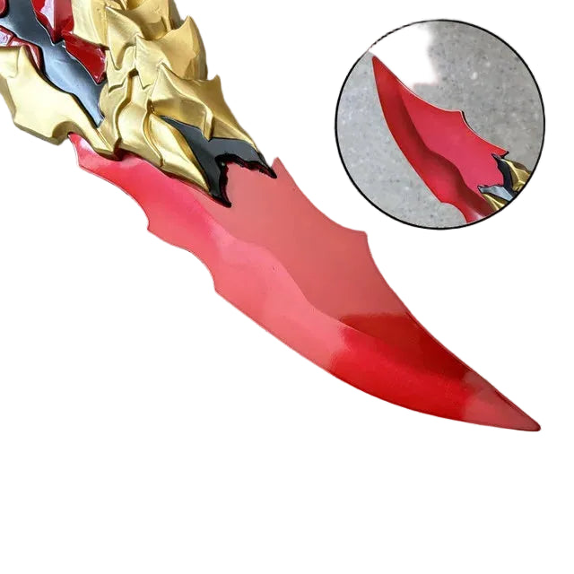 Ergonomic red handle with purple gold accents on Kamish's Wrath anime replica