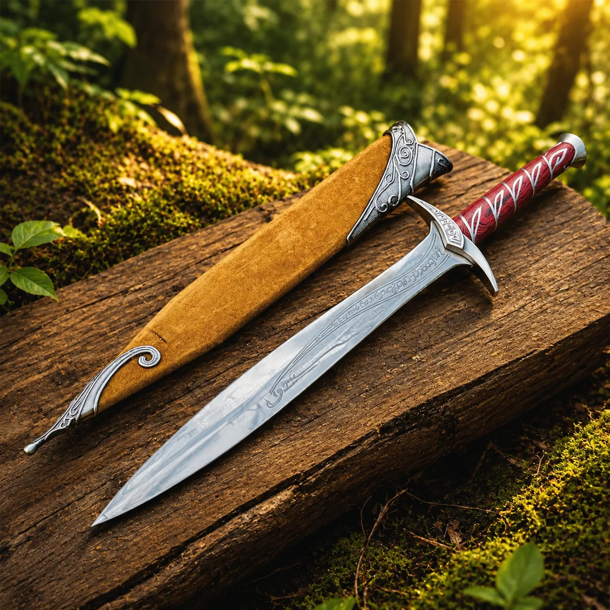 Sting sword LOTR elven collectible display replica with red wooden grip and silver vine inlay for fantasy decor