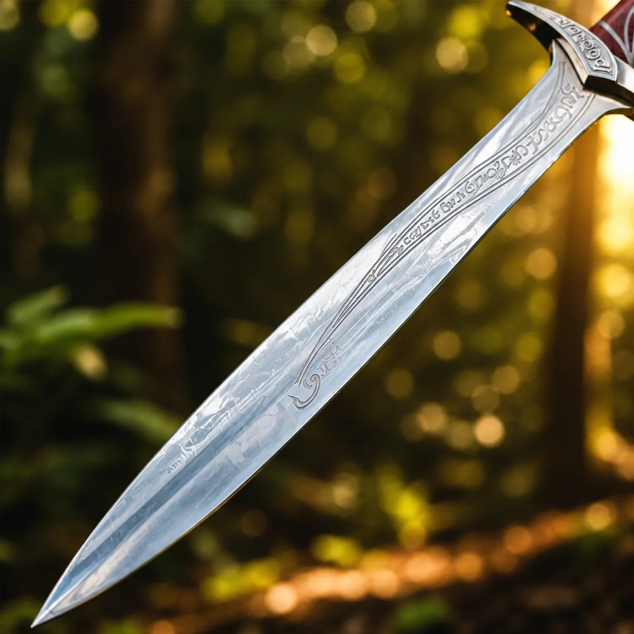 Sting sword LOTR elven collectible display replica with red wooden grip and silver vine inlay for fantasy decor