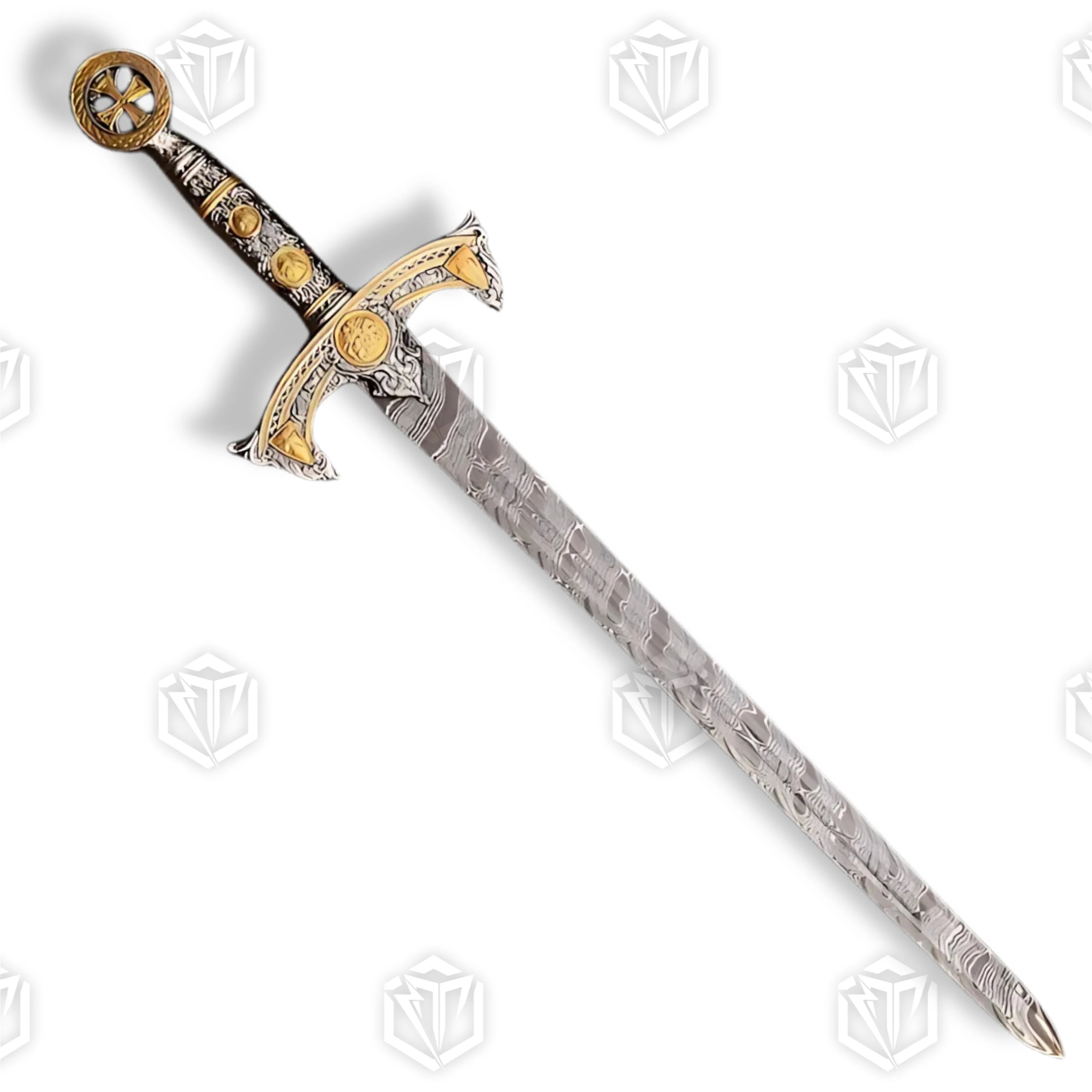 Premium Templar Knights Damascus Premium Longsword Replica with damascus steel blade.