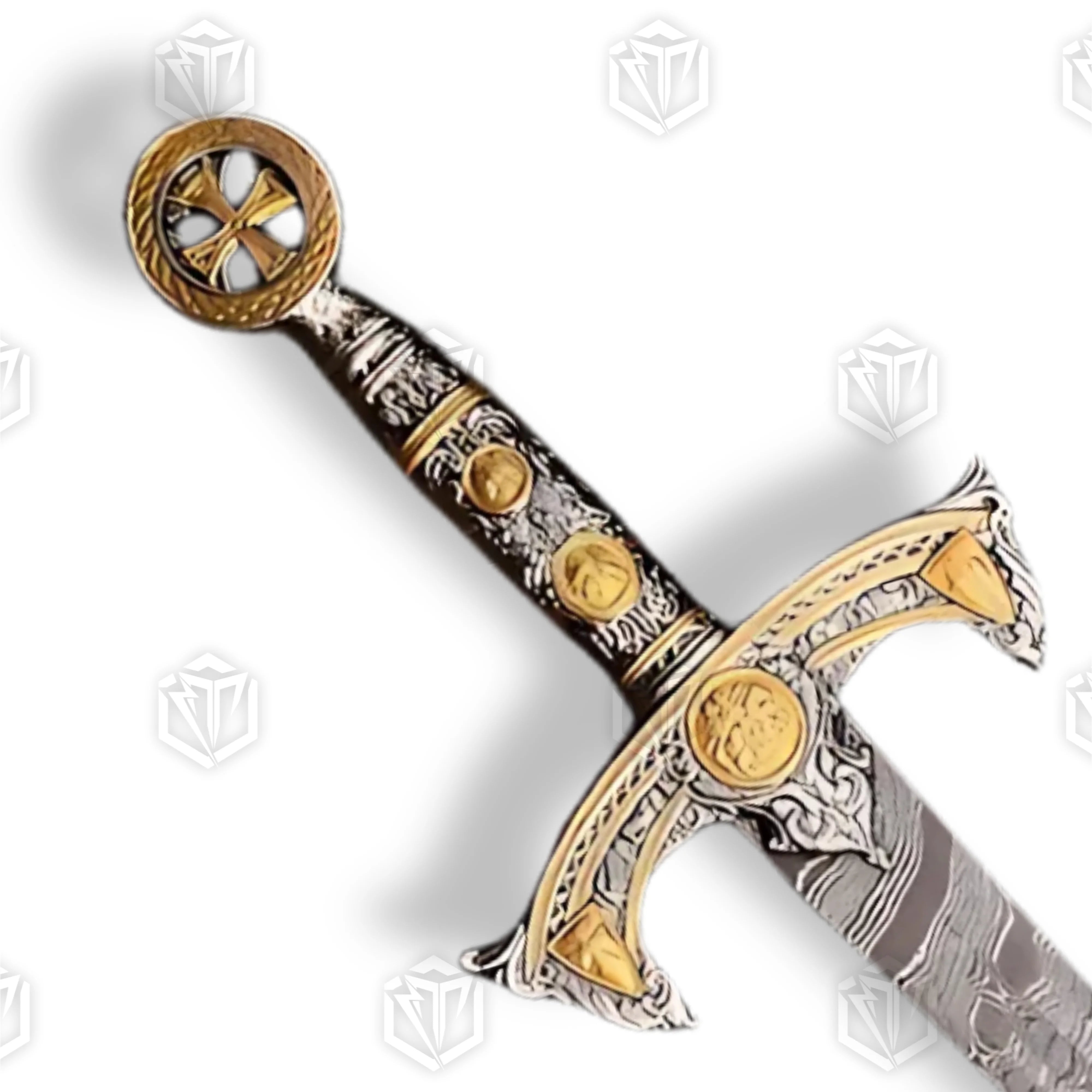 Premium Templar Knights Damascus Premium Longsword Replica with damascus steel blade.